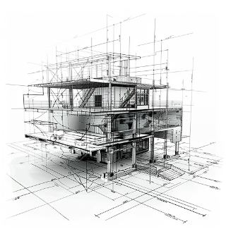 Schiță tehnică a unei clădiri, desenată în fir de sârmă, cu linii de cotă și axe